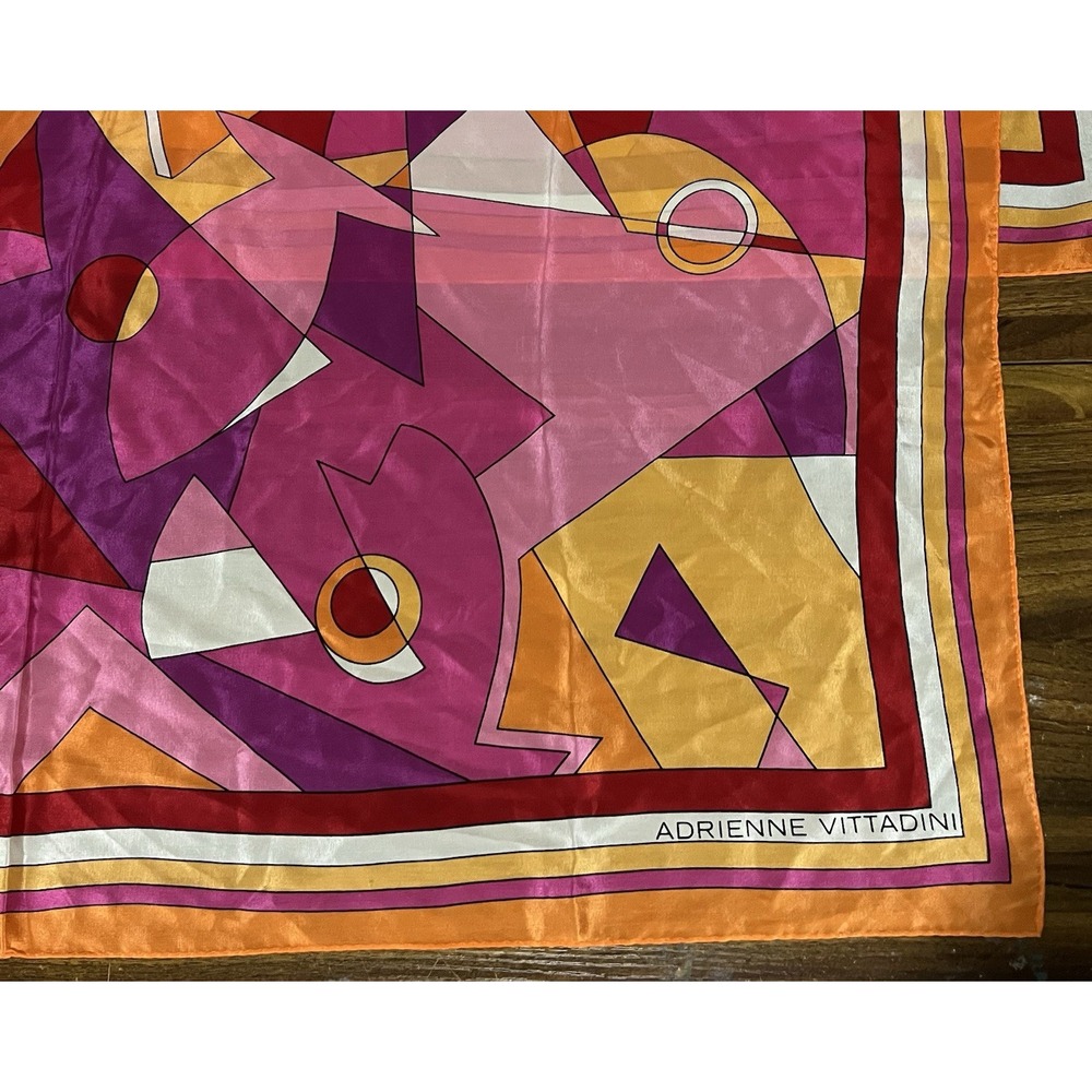 Vtg scarf 80s Adrienne Vittadini Colorful Silk Scarf 35.25" geometric - Picture 6 of 11